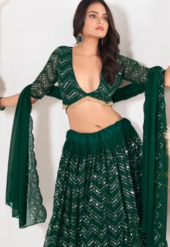 Embroidered Georgette Lehenga in Dark Green