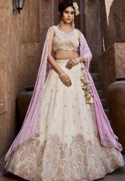 Embroidered Georgette Lehenga in Off White