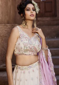 Embroidered Georgette Lehenga in Off White