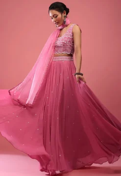 Embroidered Georgette Lehenga in Pink