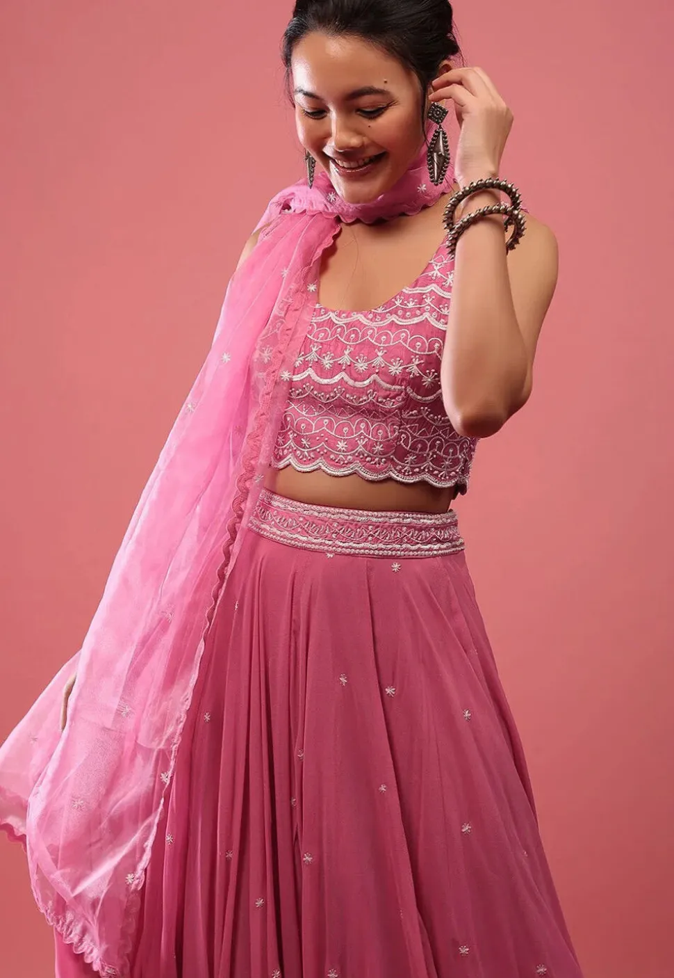 Embroidered Georgette Lehenga in Pink