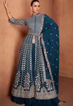 Embroidered Georgette Lehenga in Teal Blue