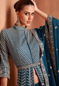 Embroidered Georgette Lehenga in Teal Blue