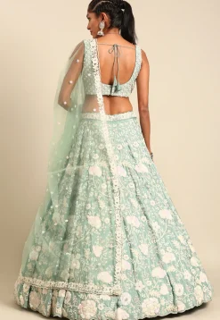 Embroidered Georgette Lehenga in Sea Green