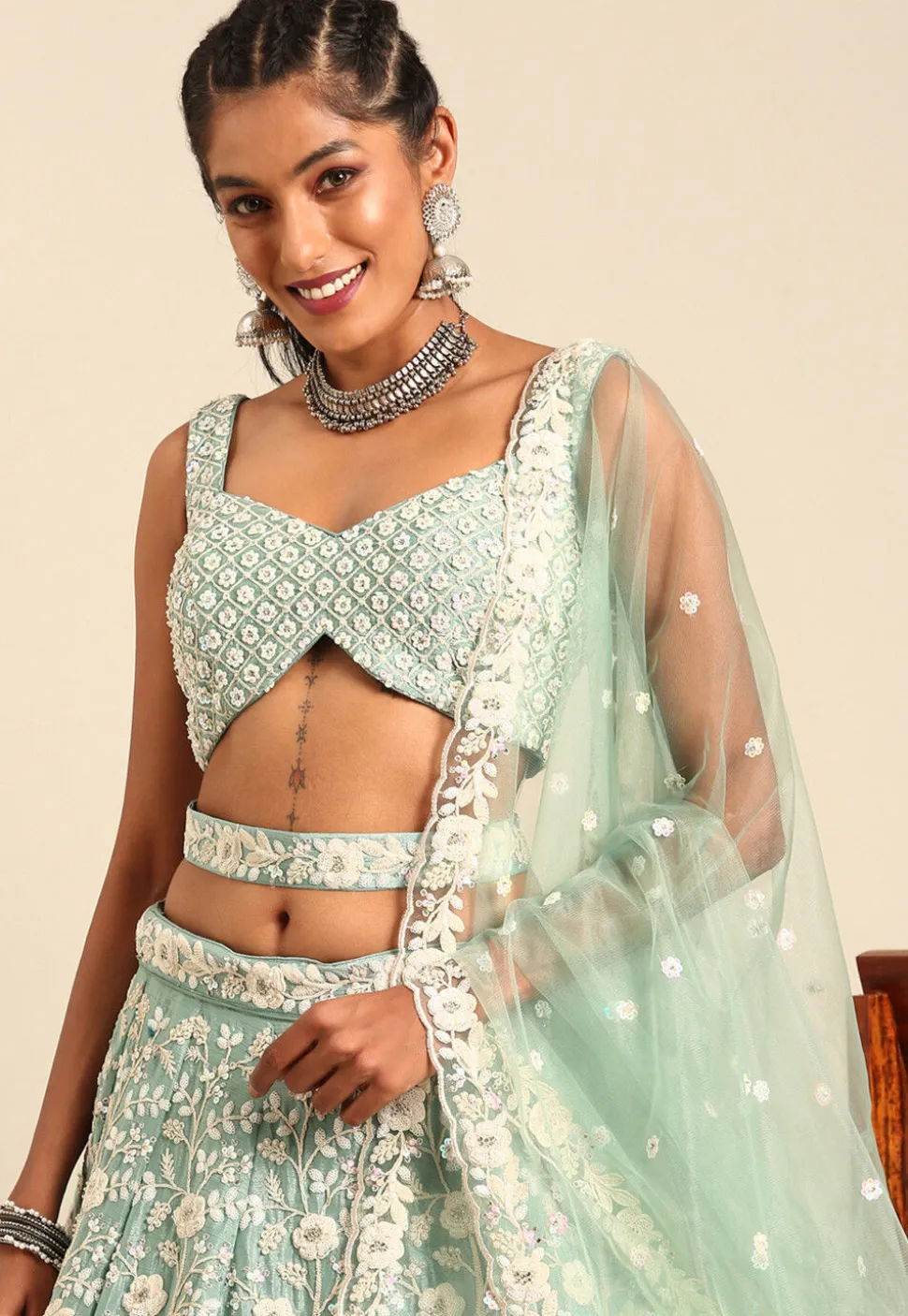 Embroidered Georgette Lehenga in Sea Green