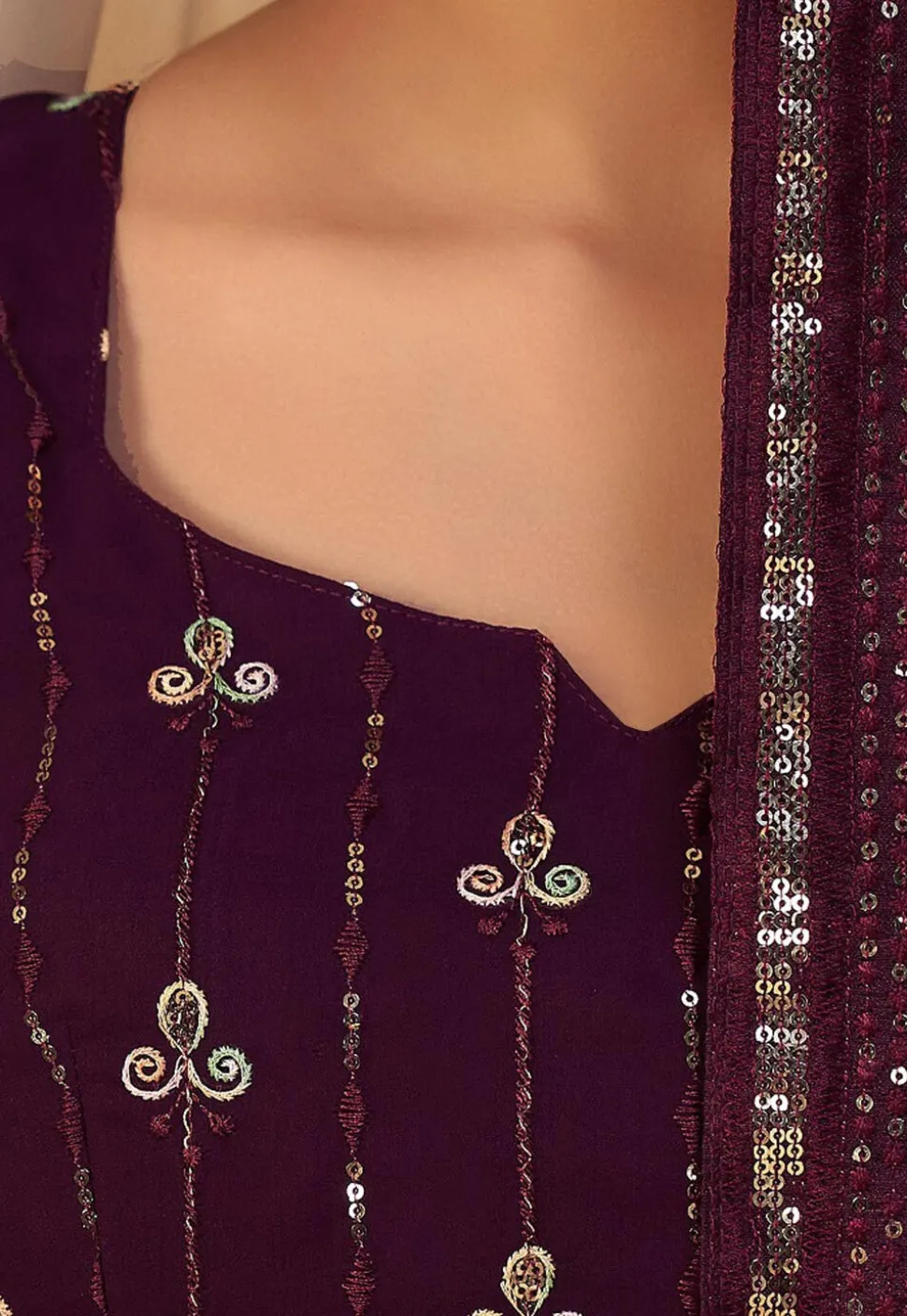Embroidered Georgette Lehenga in Wine