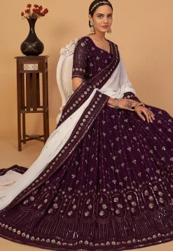 Embroidered Georgette Lehenga in Wine