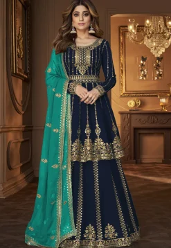 Embroidered Georgette Lehenga in Navy Blue