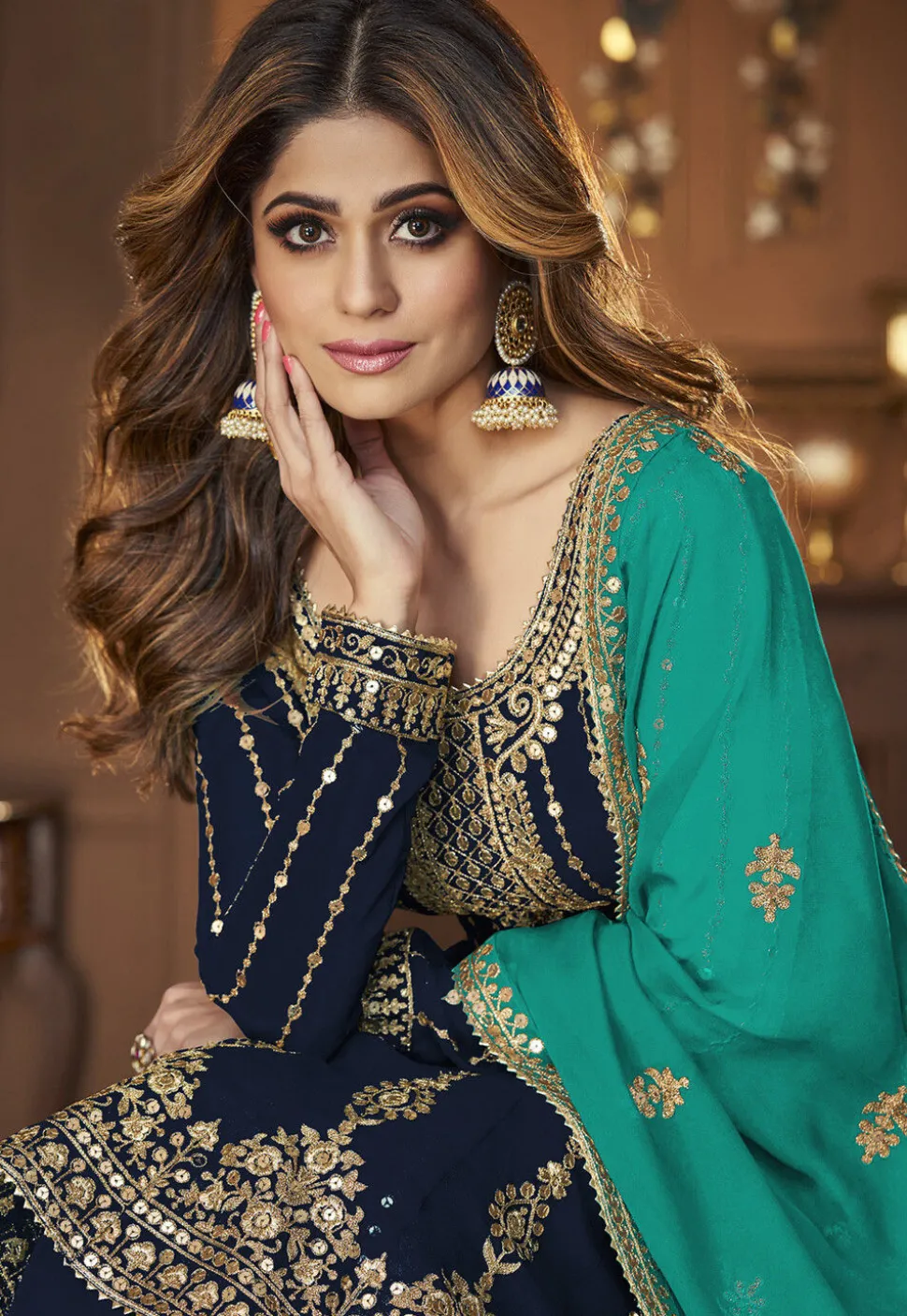 Embroidered Georgette Lehenga in Navy Blue