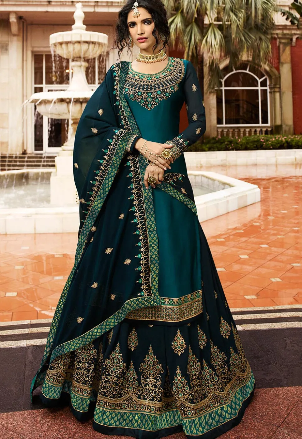 Embroidered Georgette Lehenga in Teal Green