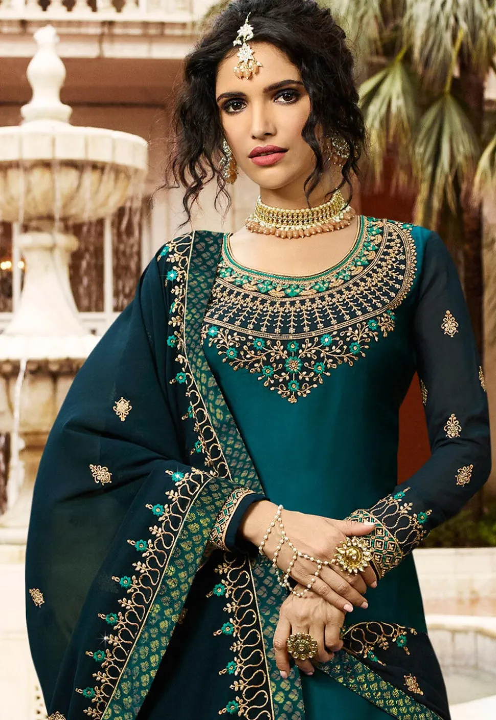 Embroidered Georgette Lehenga in Teal Green