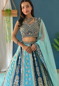 Embroidered Georgette Lehenga in Sky Blue and Teal Blue