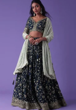 Embroidered Georgette Lehenga in Navy Blue