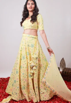 Embroidered Georgette Lehenga in Pastel Yellow