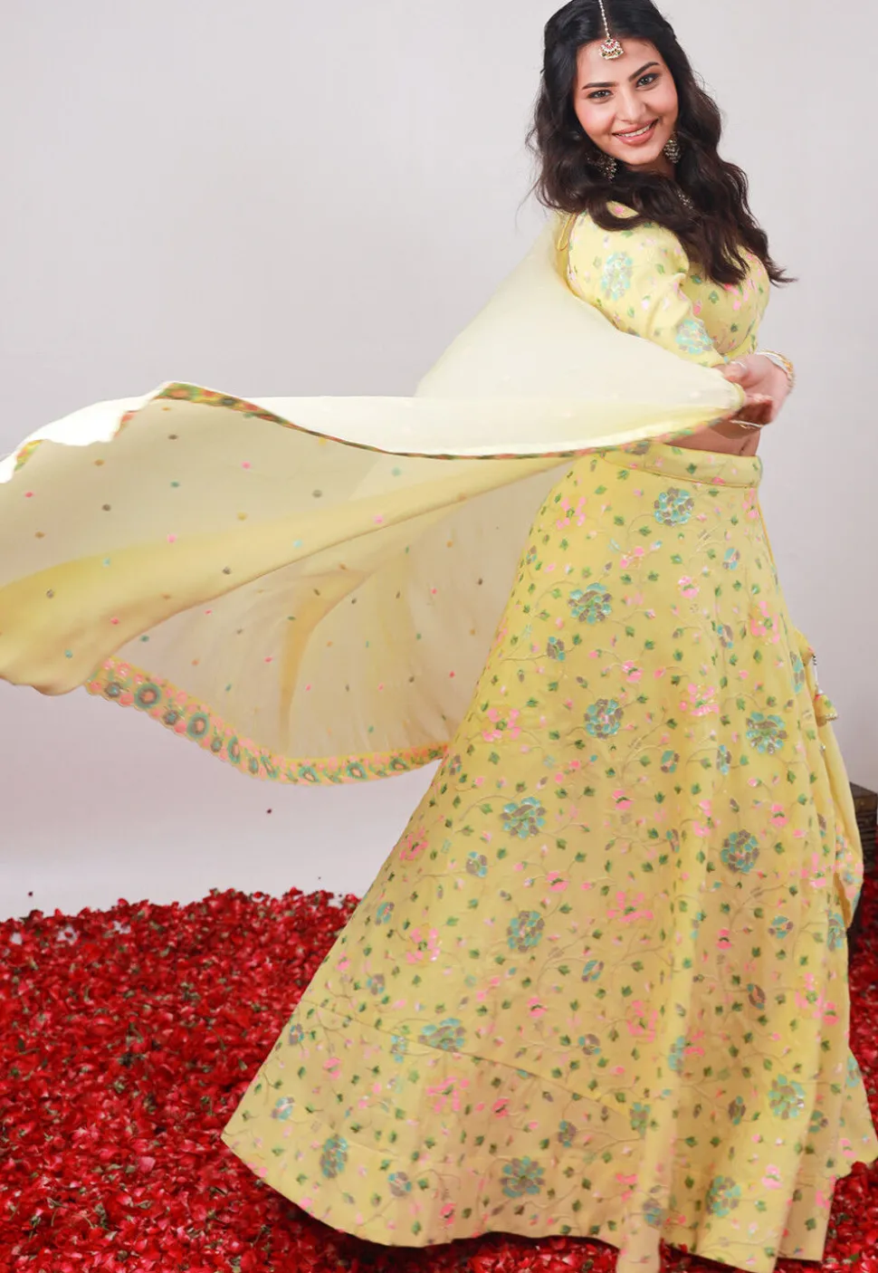 Embroidered Georgette Lehenga in Pastel Yellow
