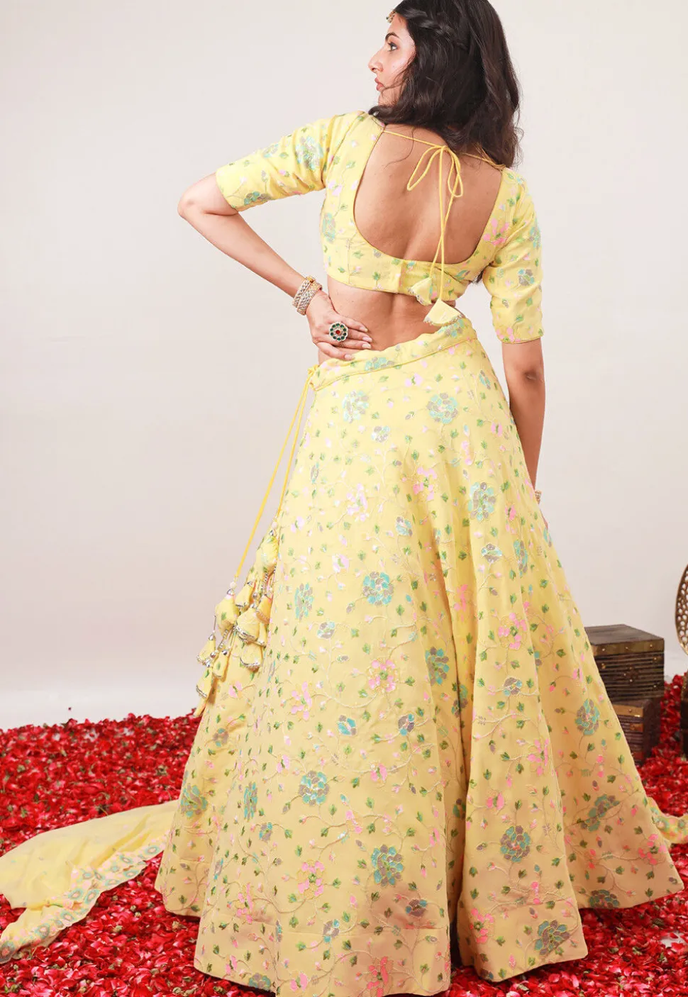 Embroidered Georgette Lehenga in Pastel Yellow