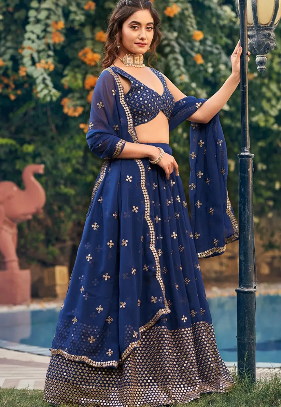 Embroidered Georgette Lehenga in Navy Blue