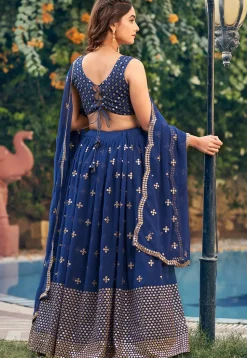 Embroidered Georgette Lehenga in Navy Blue