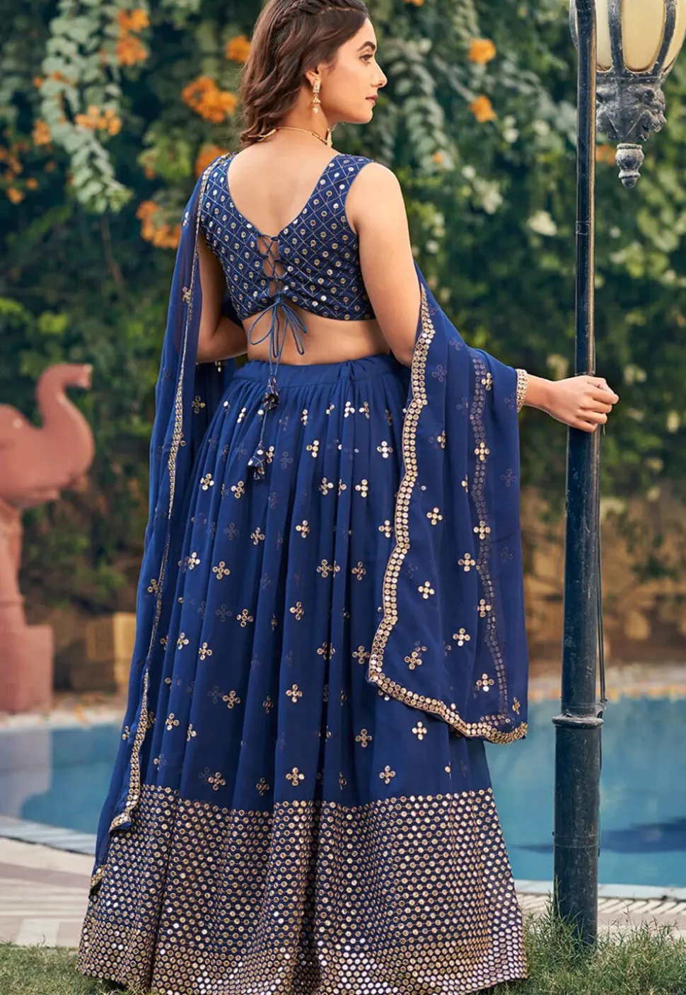 Embroidered Georgette Lehenga in Navy Blue
