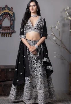 Embroidered Georgette Lehenga in Black