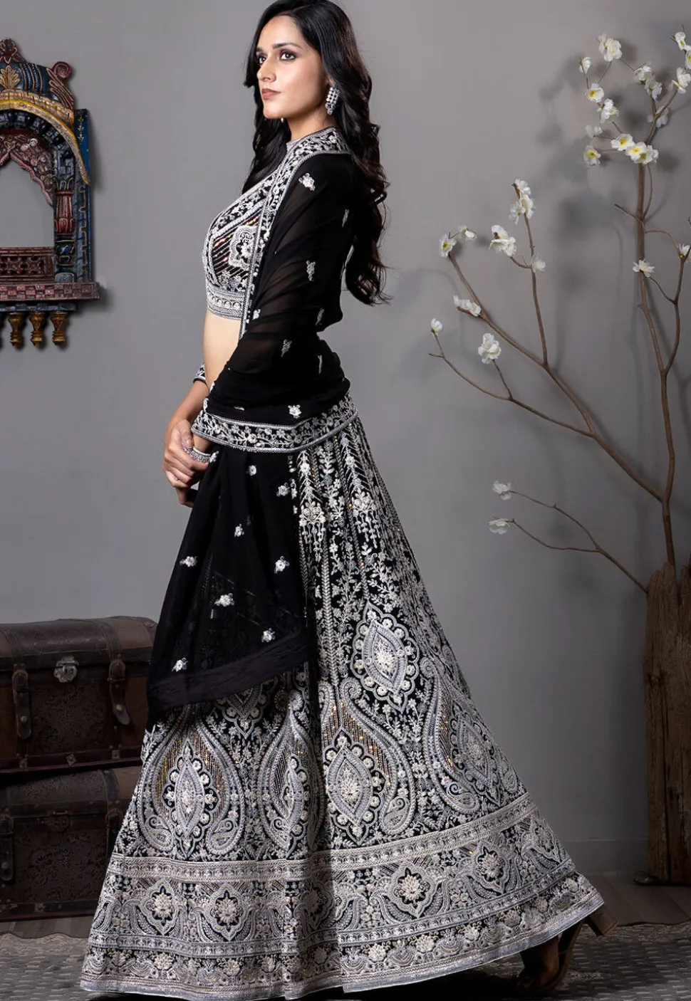 Embroidered Georgette Lehenga in Black