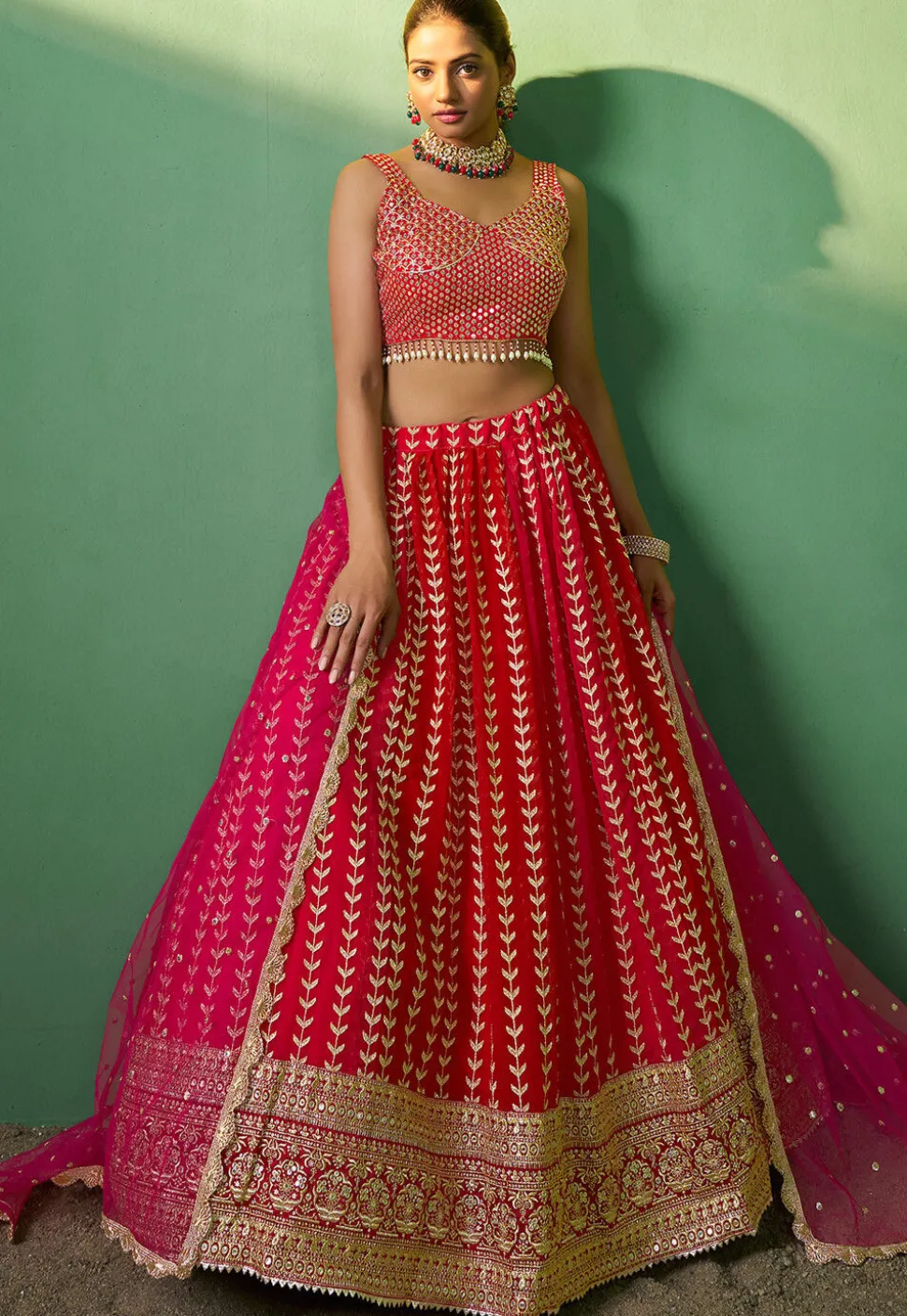 Embroidered Georgette Lehenga in Red