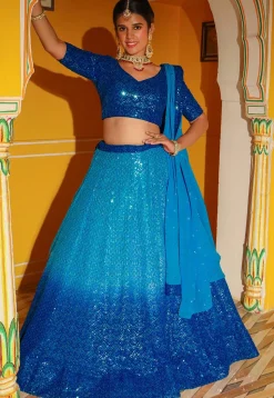 Embroidered Georgette Lehenga in Shaded Blue