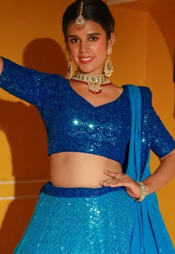 Embroidered Georgette Lehenga in Shaded Blue