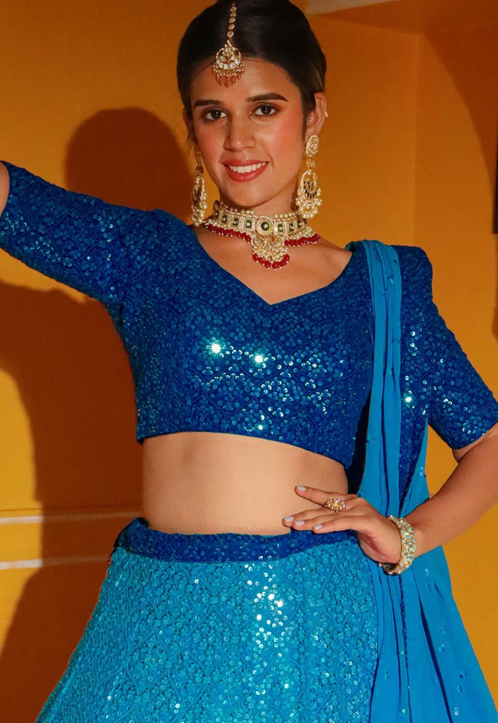 Embroidered Georgette Lehenga in Shaded Blue