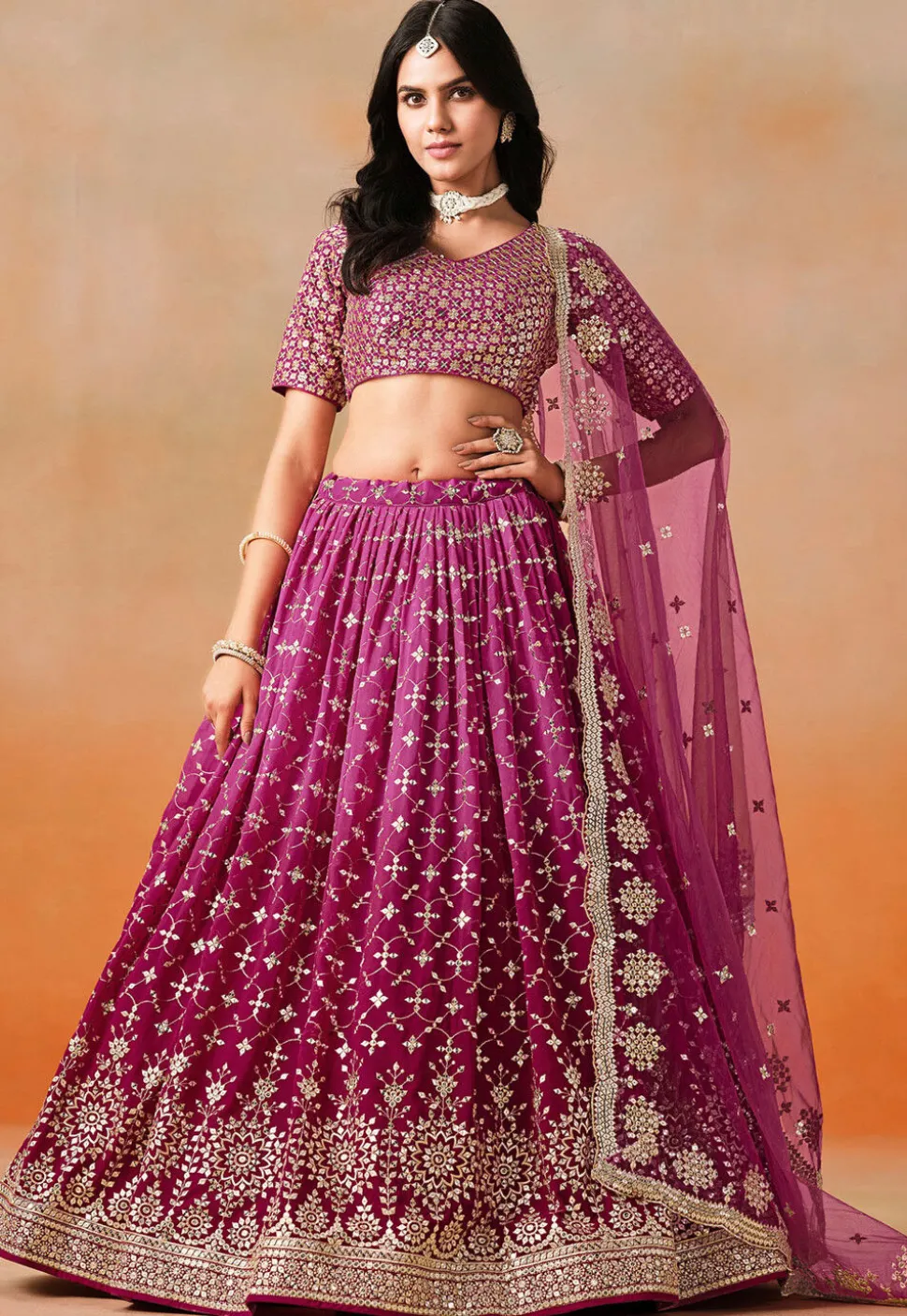 Embroidered Georgette Lehenga in Purple