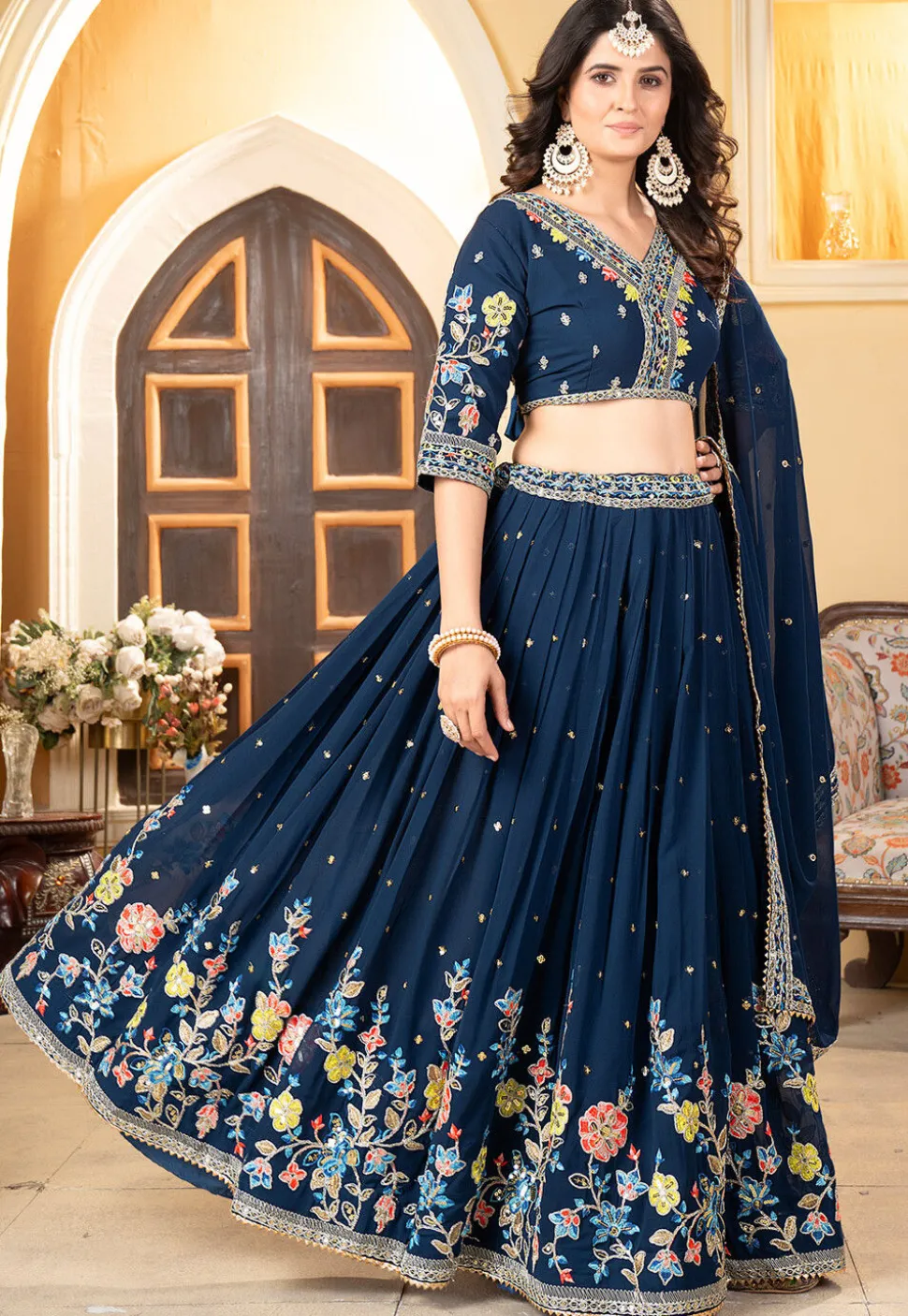 Embroidered Georgette Lehenga Teal Blue