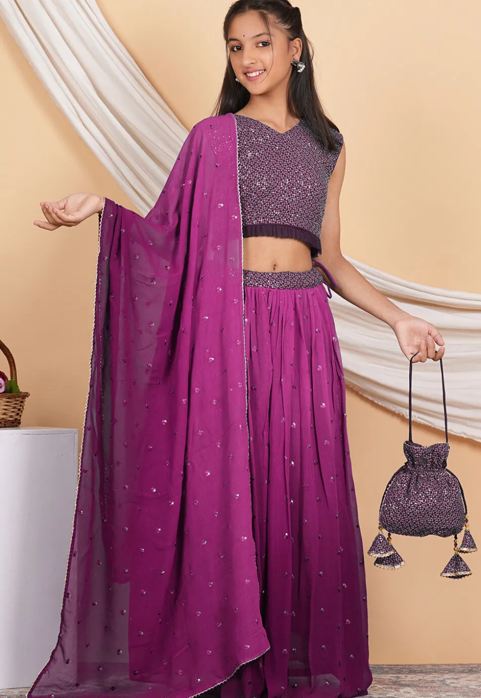Embroidered Georgette Lehenga in Shaded Magenta