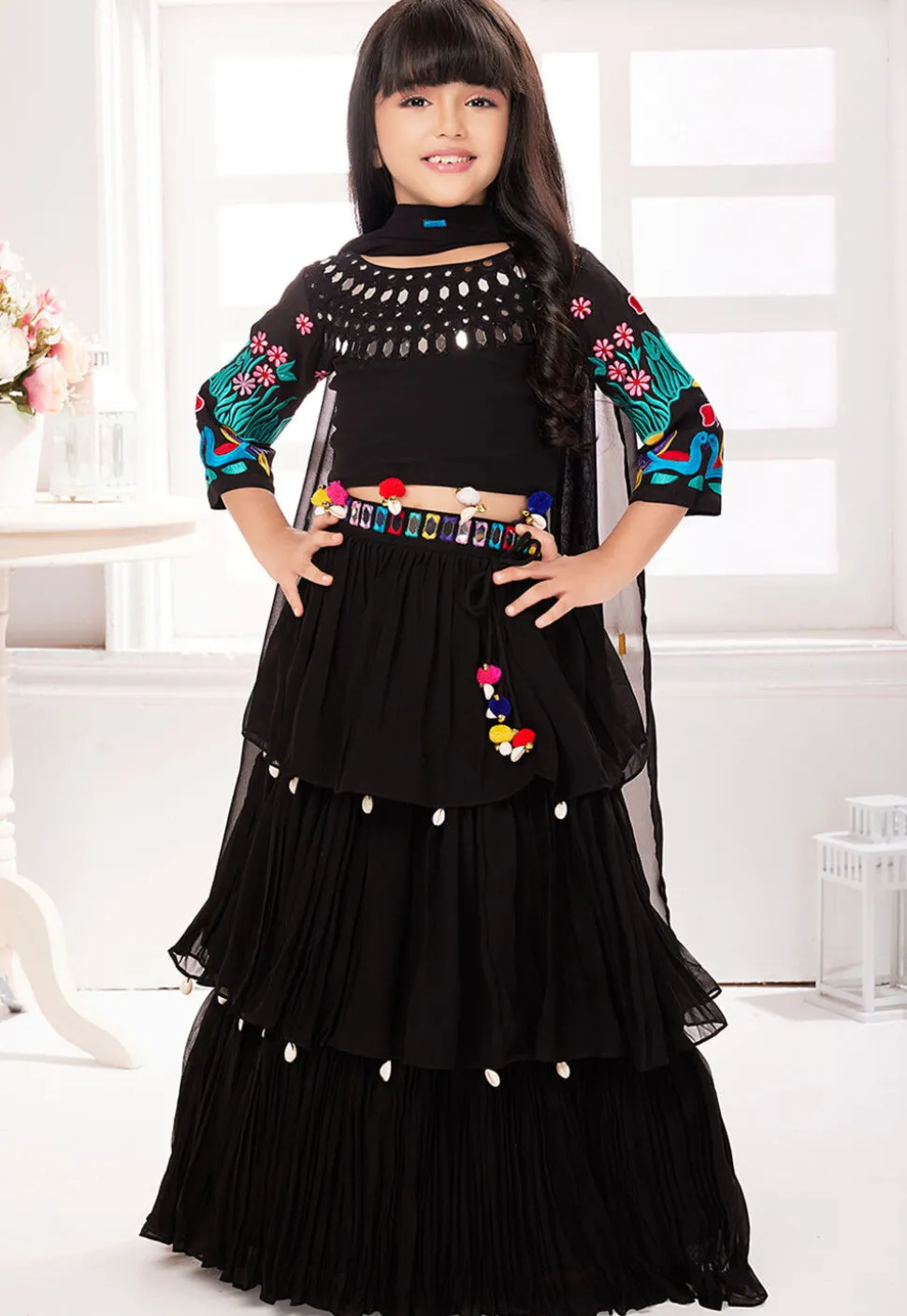 Embroidered Georgette Lehenga in Black