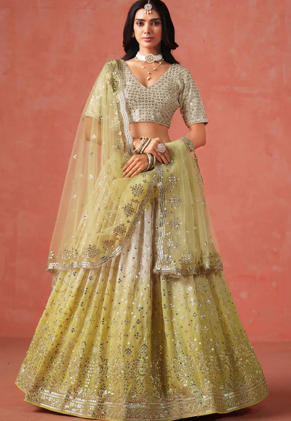 Embroidered Georgette Lehenga in Shaded Yellow