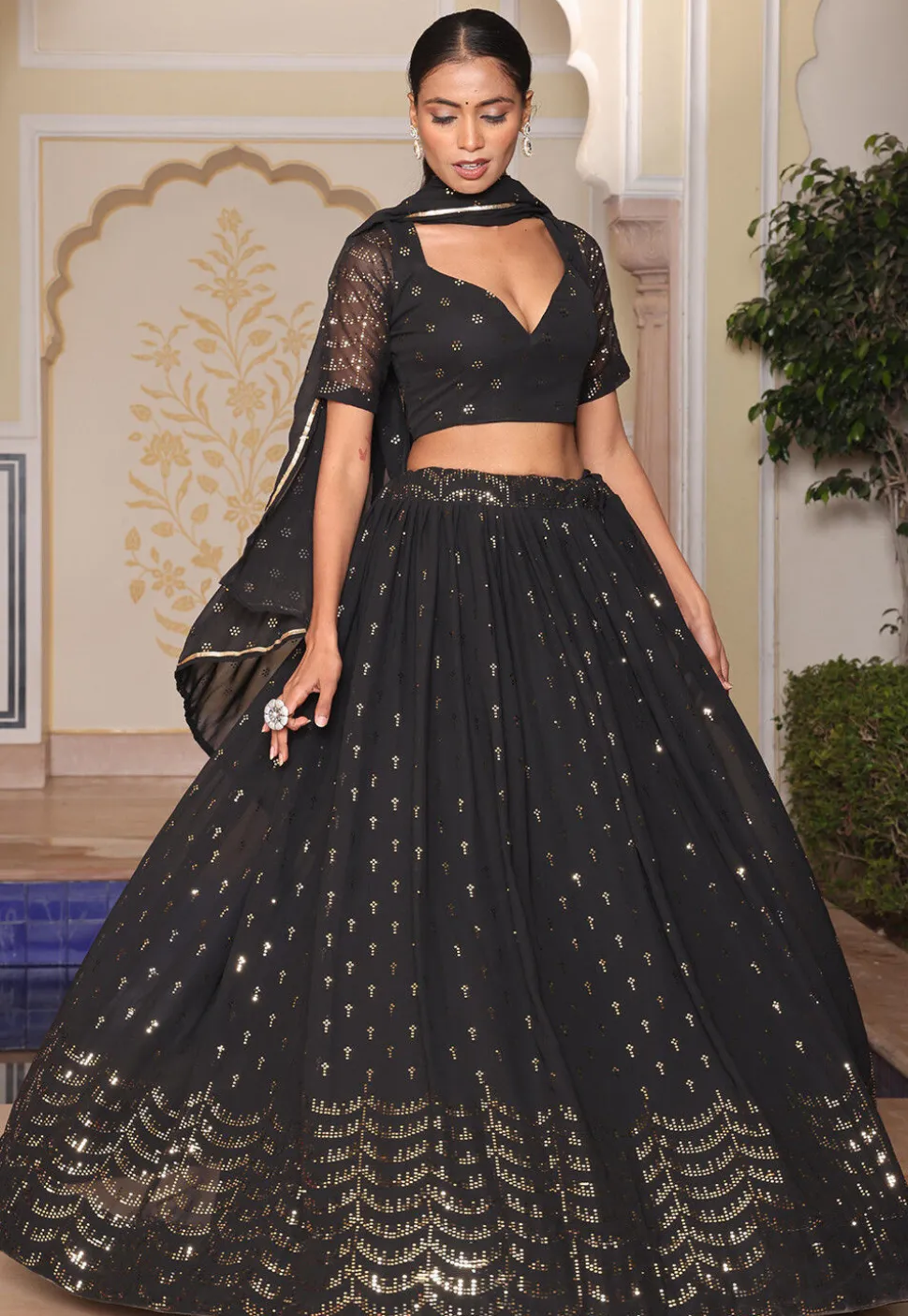 Embroidered Georgette Lehenga in Black