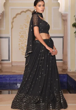 Embroidered Georgette Lehenga in Black