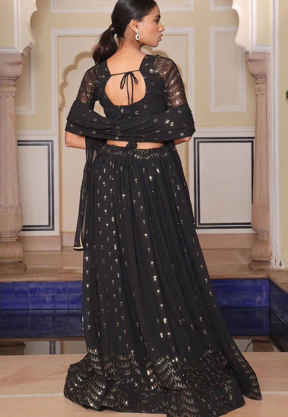 Embroidered Georgette Lehenga in Black