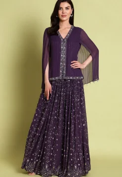 Embroidered Georgette Lehenga in Purple