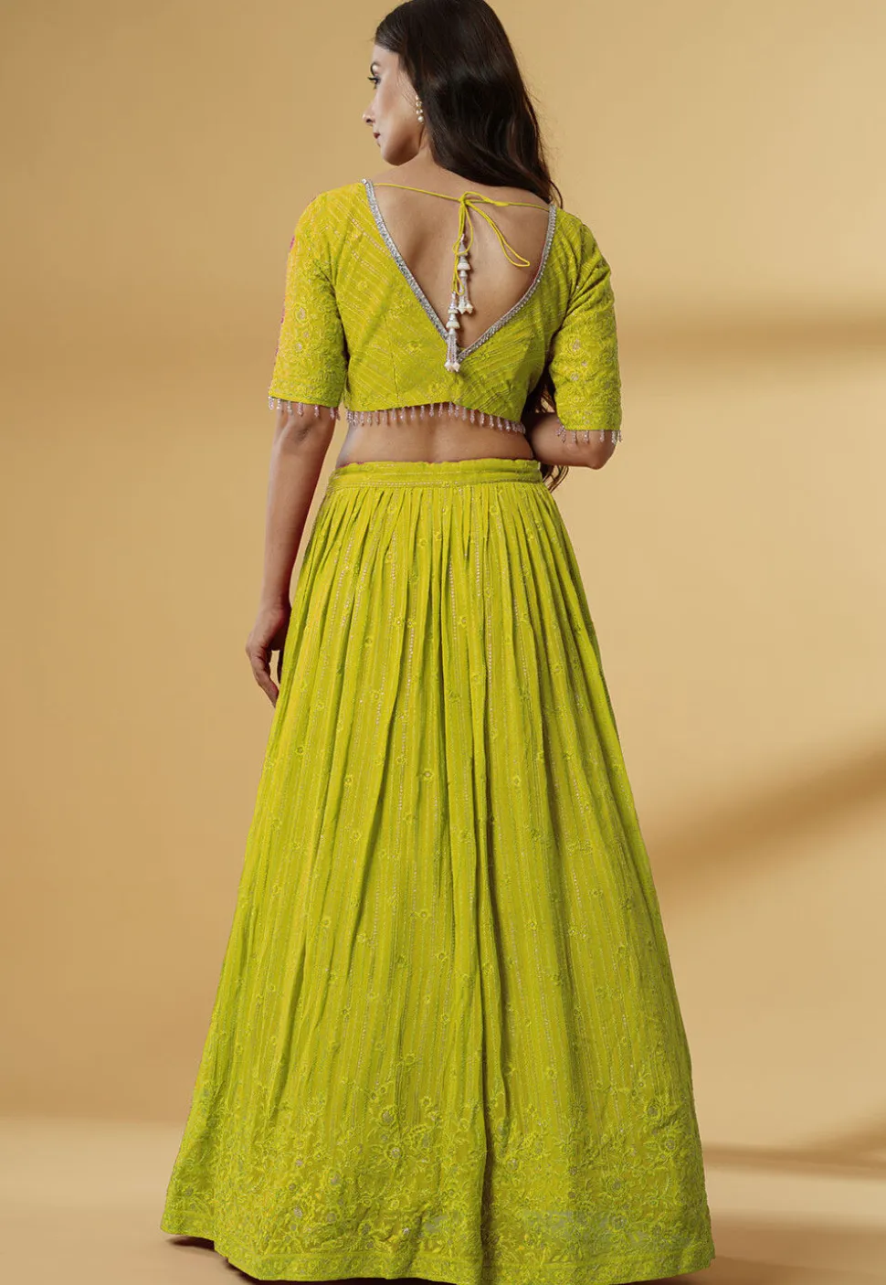 Embroidered Georgette Lehenga in Light Green