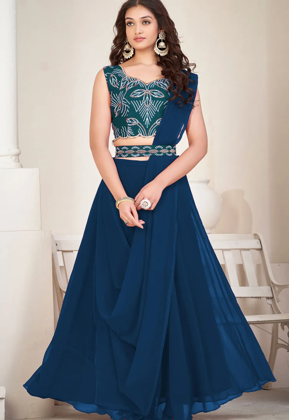 Embroidered Georgette Lehenga in Teal Blue