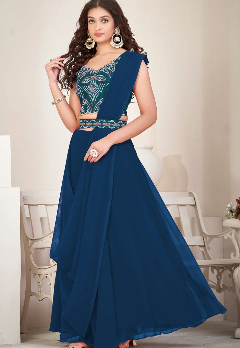 Embroidered Georgette Lehenga in Teal Blue
