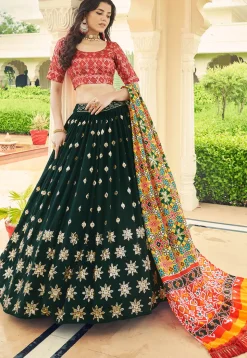 Embroidered Georgette Lehenga in Dark Green