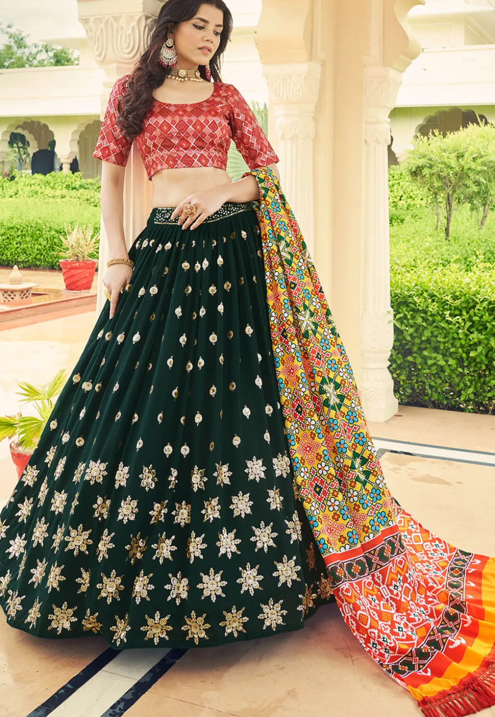 Embroidered Georgette Lehenga in Dark Green