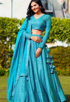 Embroidered Georgette Lehenga in Turquoise