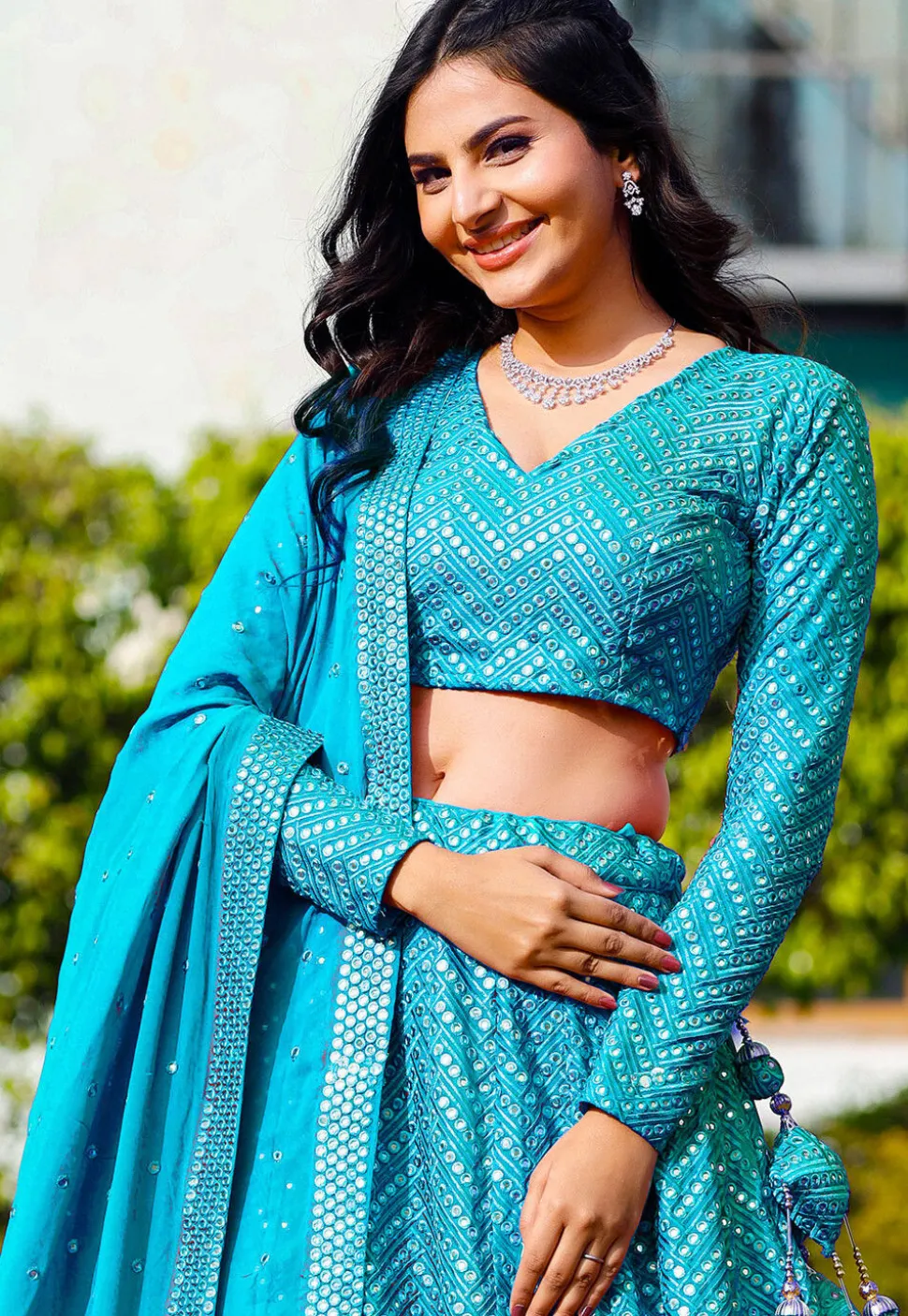 Embroidered Georgette Lehenga in Turquoise