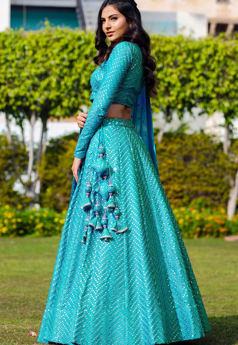 Embroidered Georgette Lehenga in Turquoise
