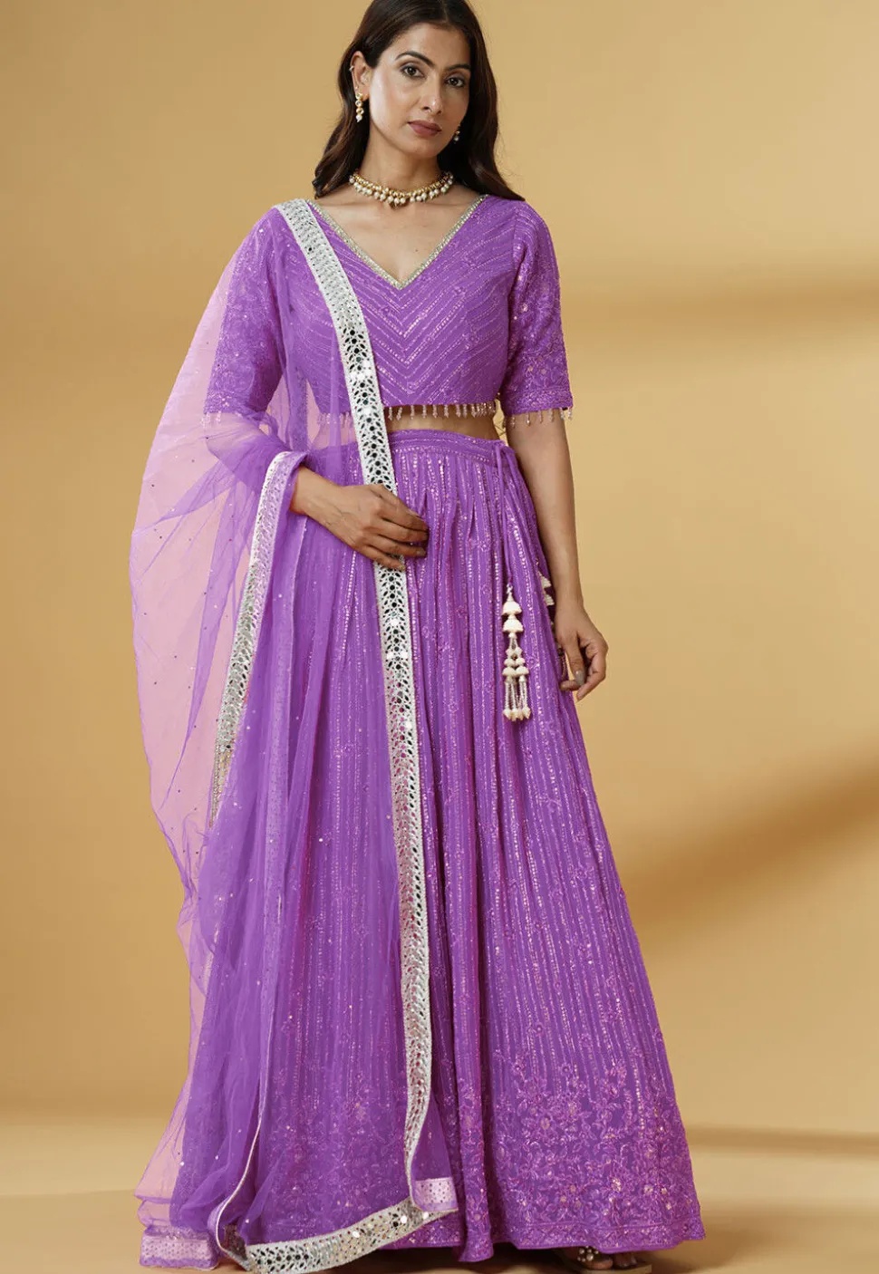 Embroidered Georgette Lehenga in Purple