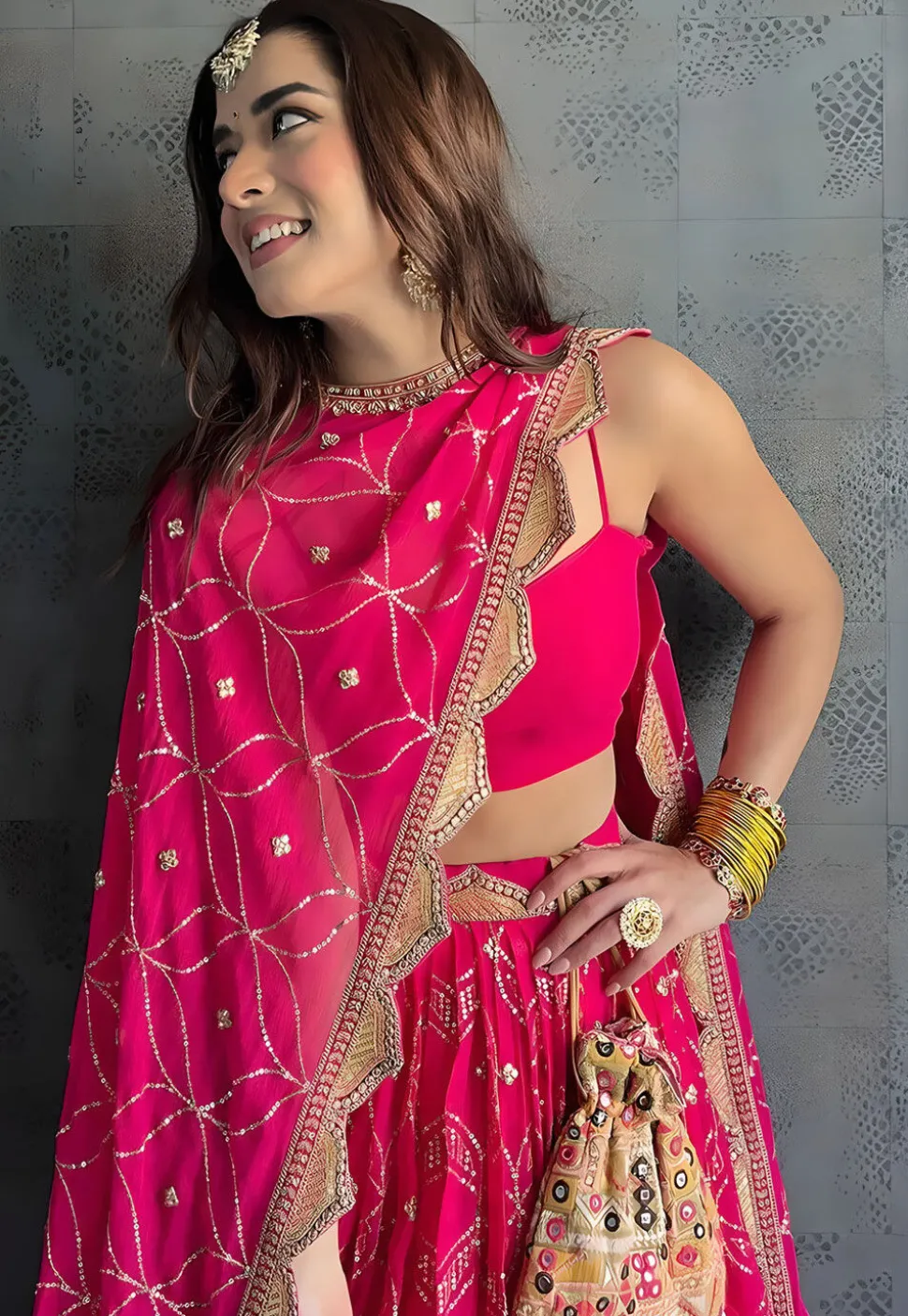 Embroidered Georgette Lehenga in Pink
