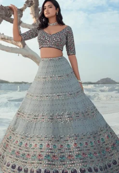 Embroidered Georgette Lehenga in Dusty Blue