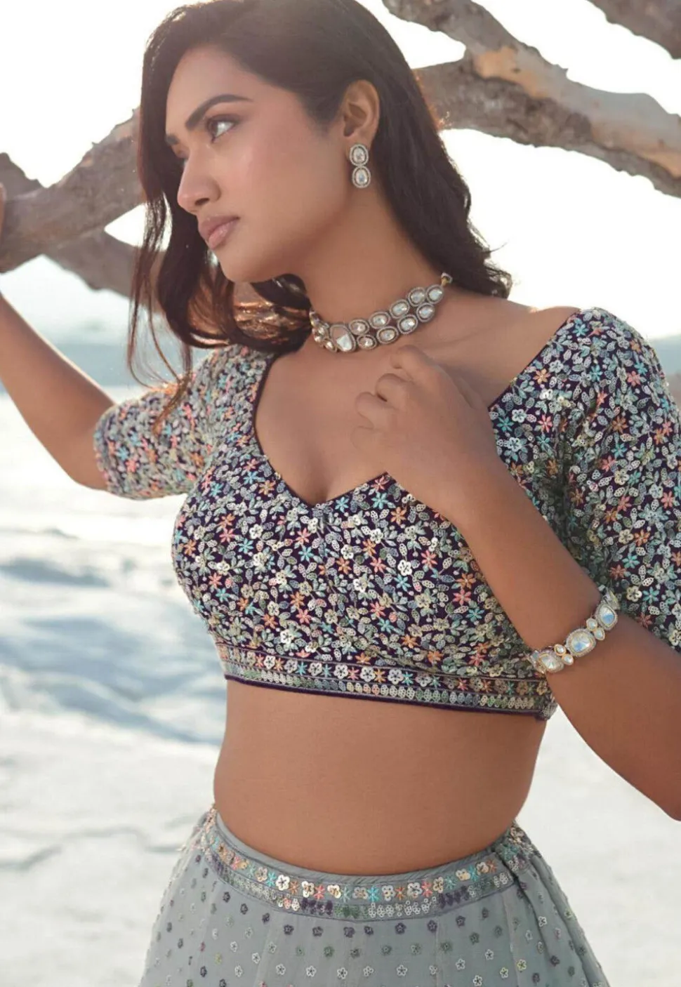 Embroidered Georgette Lehenga in Dusty Blue